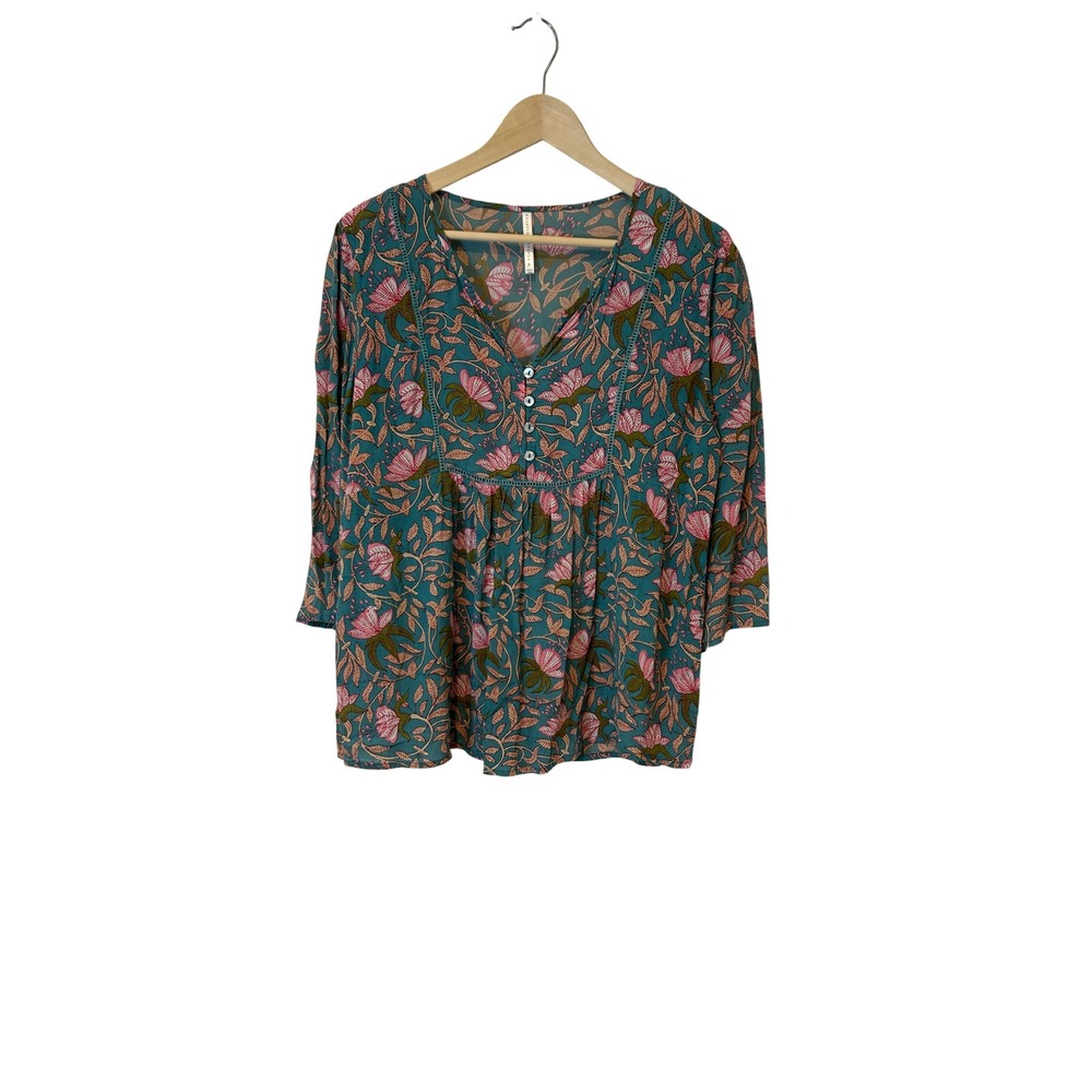 Rockflowerpaper Floral Blouse Womens L Teal Pink Boho Peplum 3/4 Sleeve